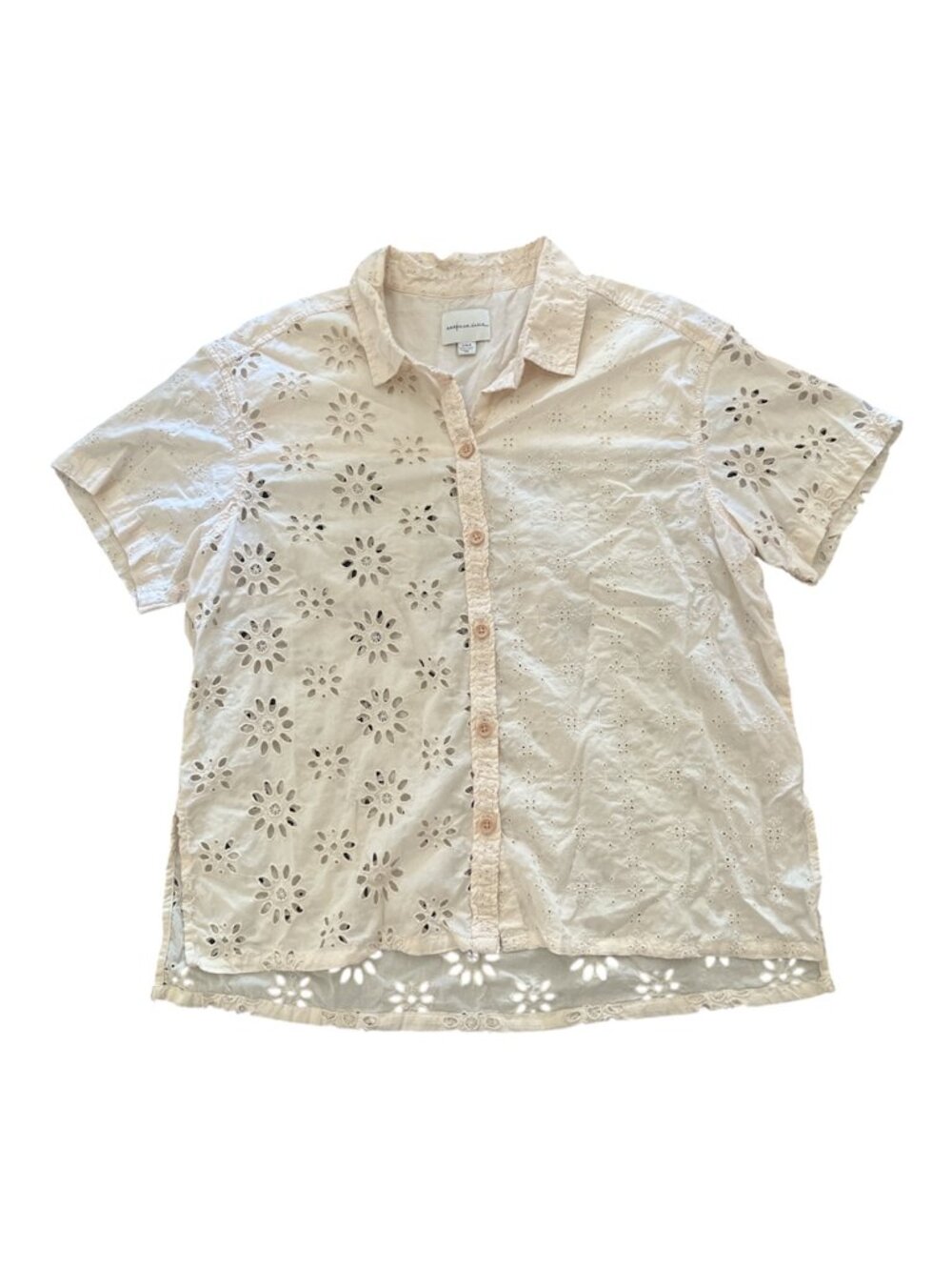Women’s American Eagle Short Sleeve Floral Lace Button Up Blouse Top Size Large